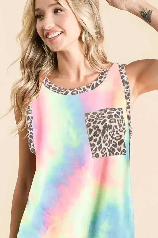 Sleeveless Tie Dye Top With Leopard Band 1