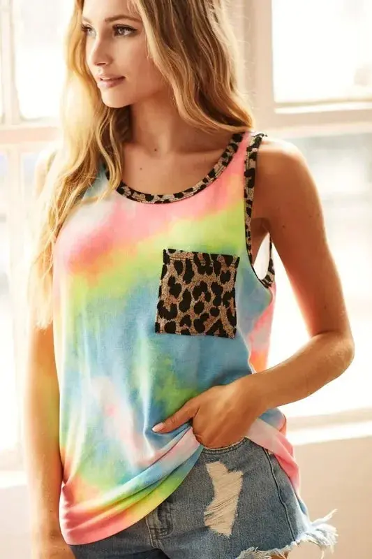 Sleeveless Tie Dye Top With Leopard Band 3