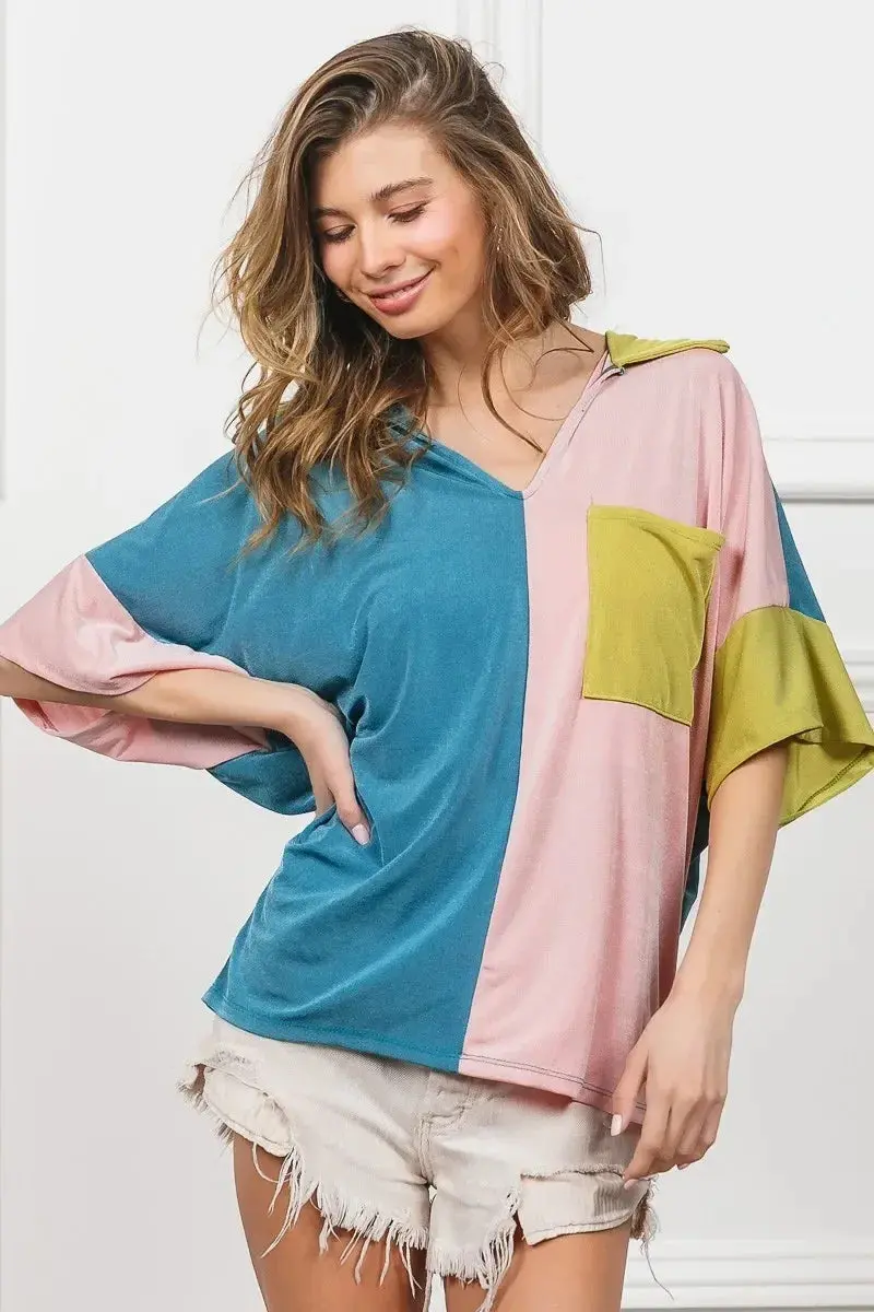 Slinky Knit Color Block V Neck Front Top 1