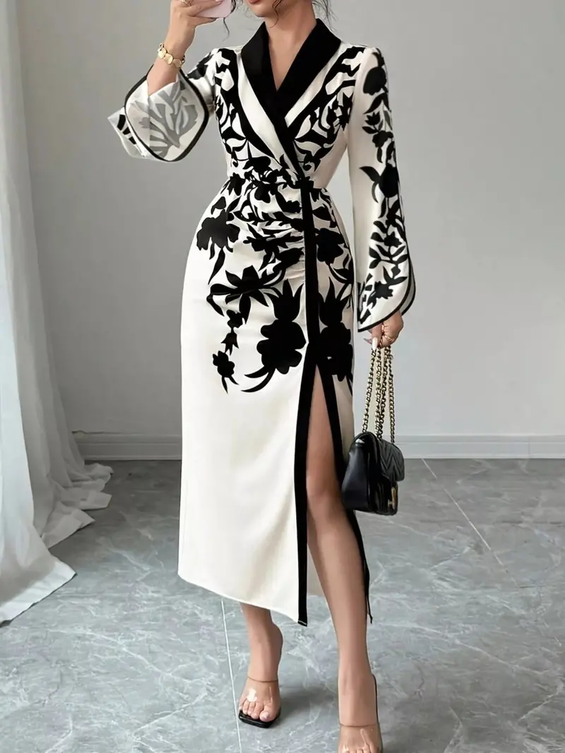 Slit Long Sleeve Wrap Midi Dress 1