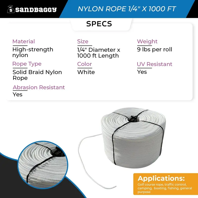 Solid Braid Nylon Rope 1/4" X 1000 Ft White | Golf Course Rope & Outdoor Use 2