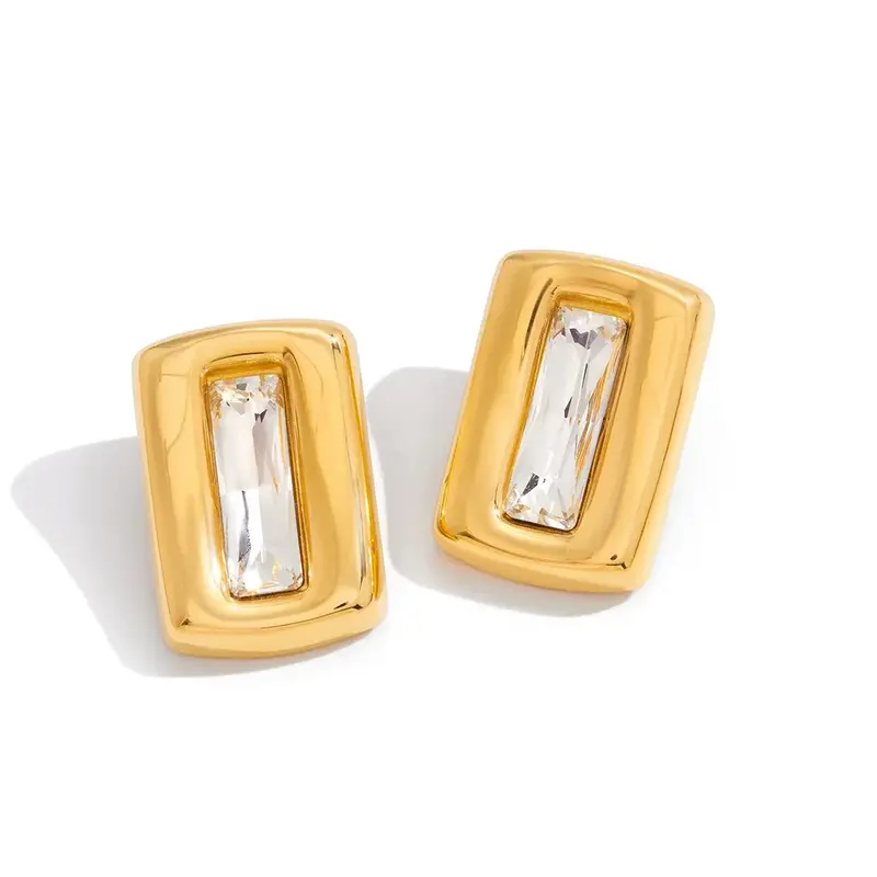 Square 18K Gold-Plated Titanium Steel Stud Earrings With Embedded Cubic Zirconia. 1