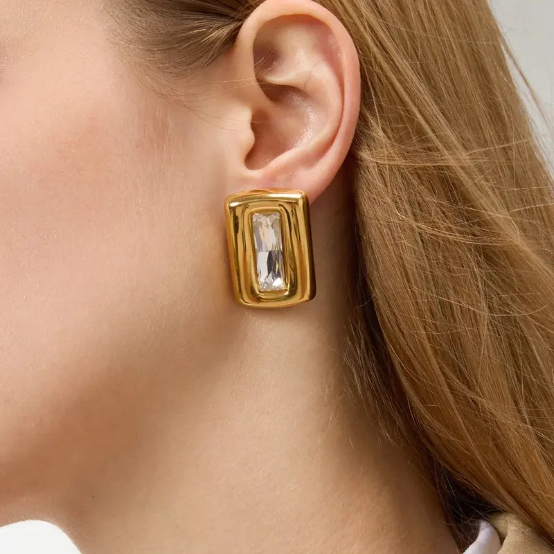 Square 18K Gold-Plated Titanium Steel Stud Earrings With Embedded Cubic Zirconia. 2