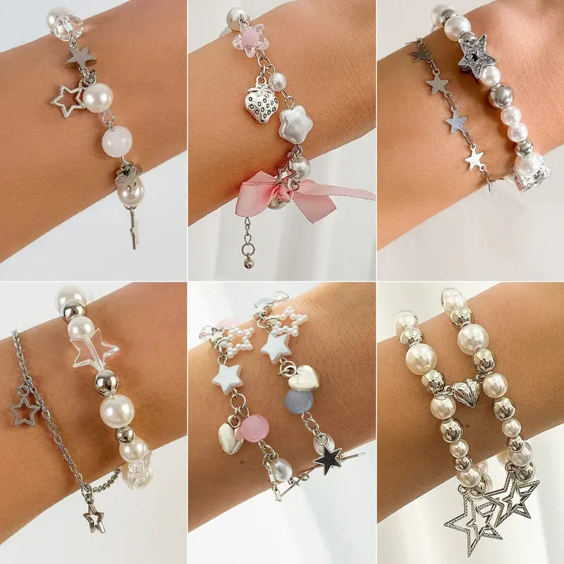Star And Heart-Shaped Pendant Tassel Bracelet Set 1