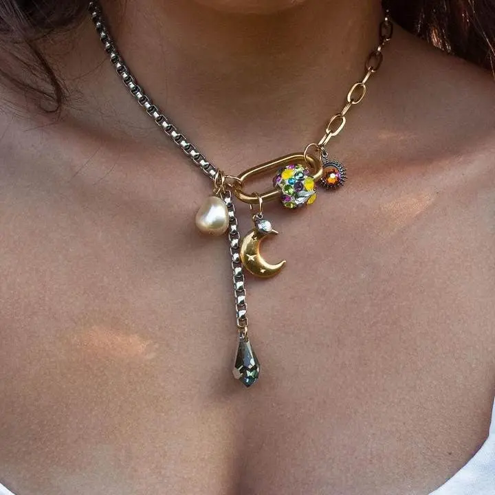 Starry Sky Moon Pearl Patchwork Necklace 1