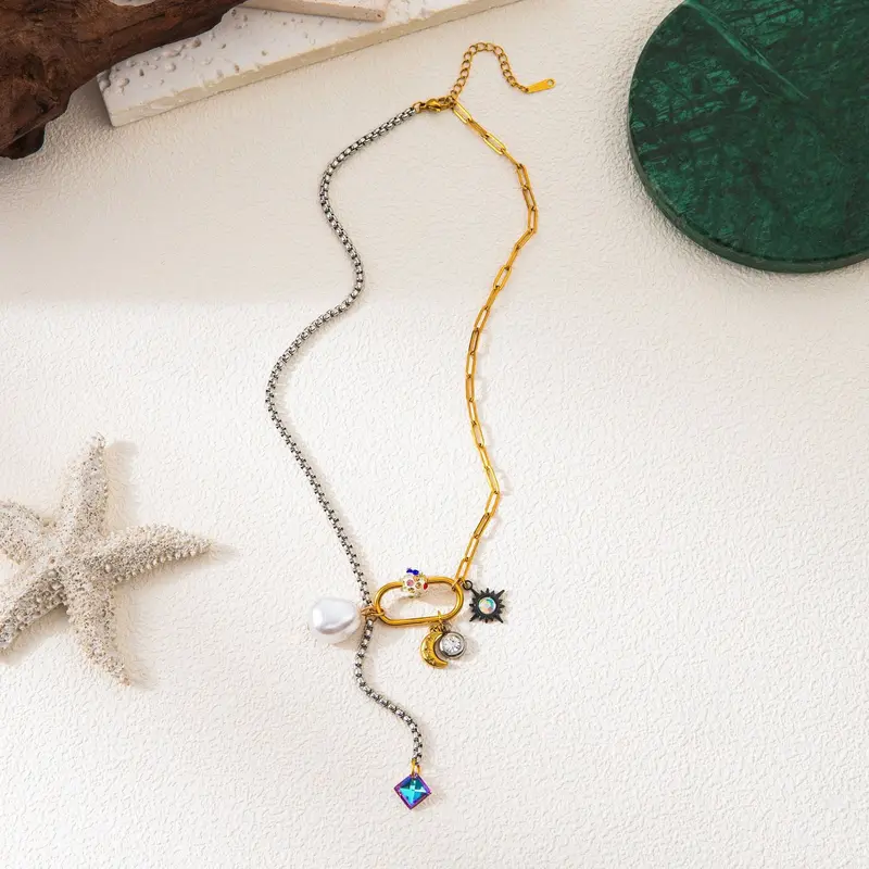 Starry Sky Moon Pearl Patchwork Necklace 2