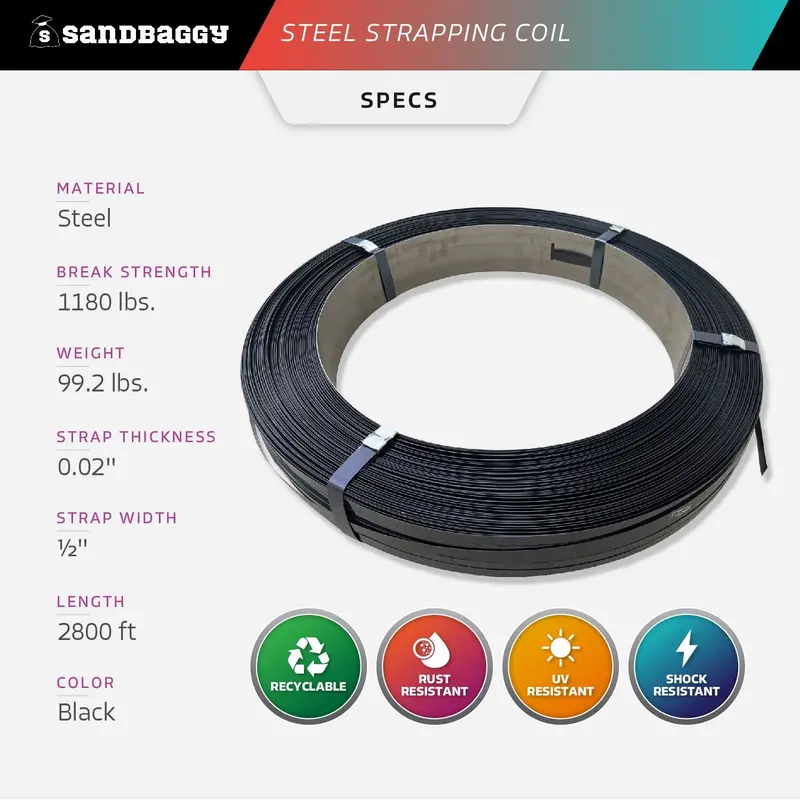 Steel Strapping Coil (Black) - Rust Resistant Metal Banding (1/2"W X 2800'L X 0.02" Thick) 2