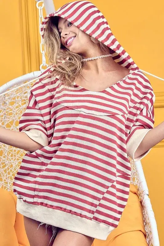 Stripe Fleece Notch Neck Short Sleeve Hoodie 2