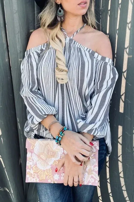 Stripe Printed Cold Shoulder Halter Neck Top 1