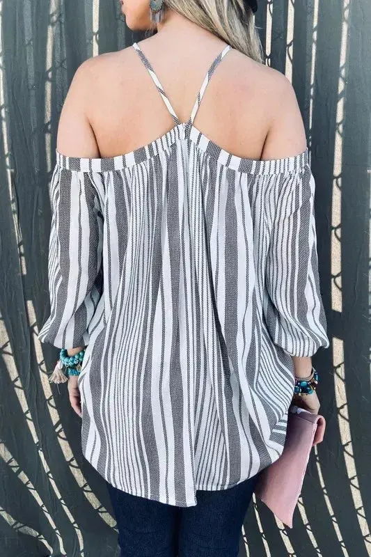 Stripe Printed Cold Shoulder Halter Neck Top 3