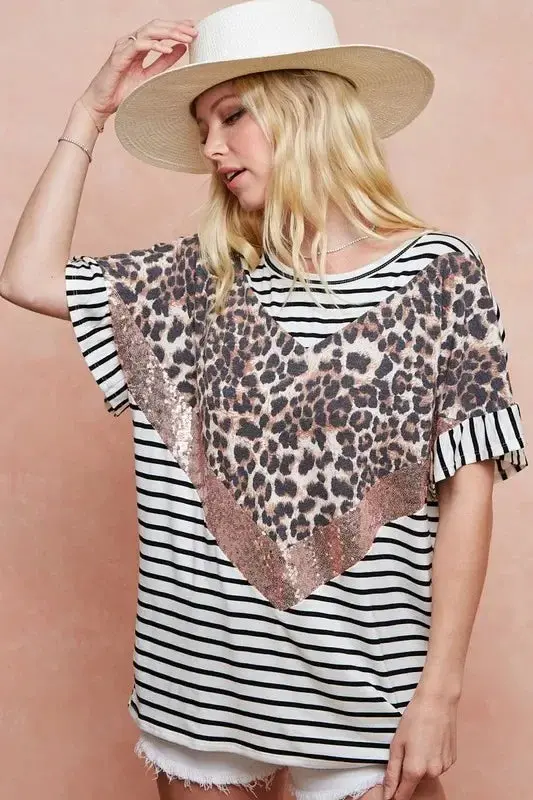 Stripe Rayon Span Knit Color Block Top With Leopard 2