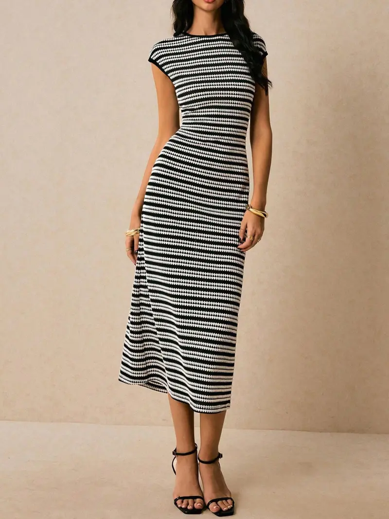 Striped Cap Sleeve Bodycon Midi Dress 1