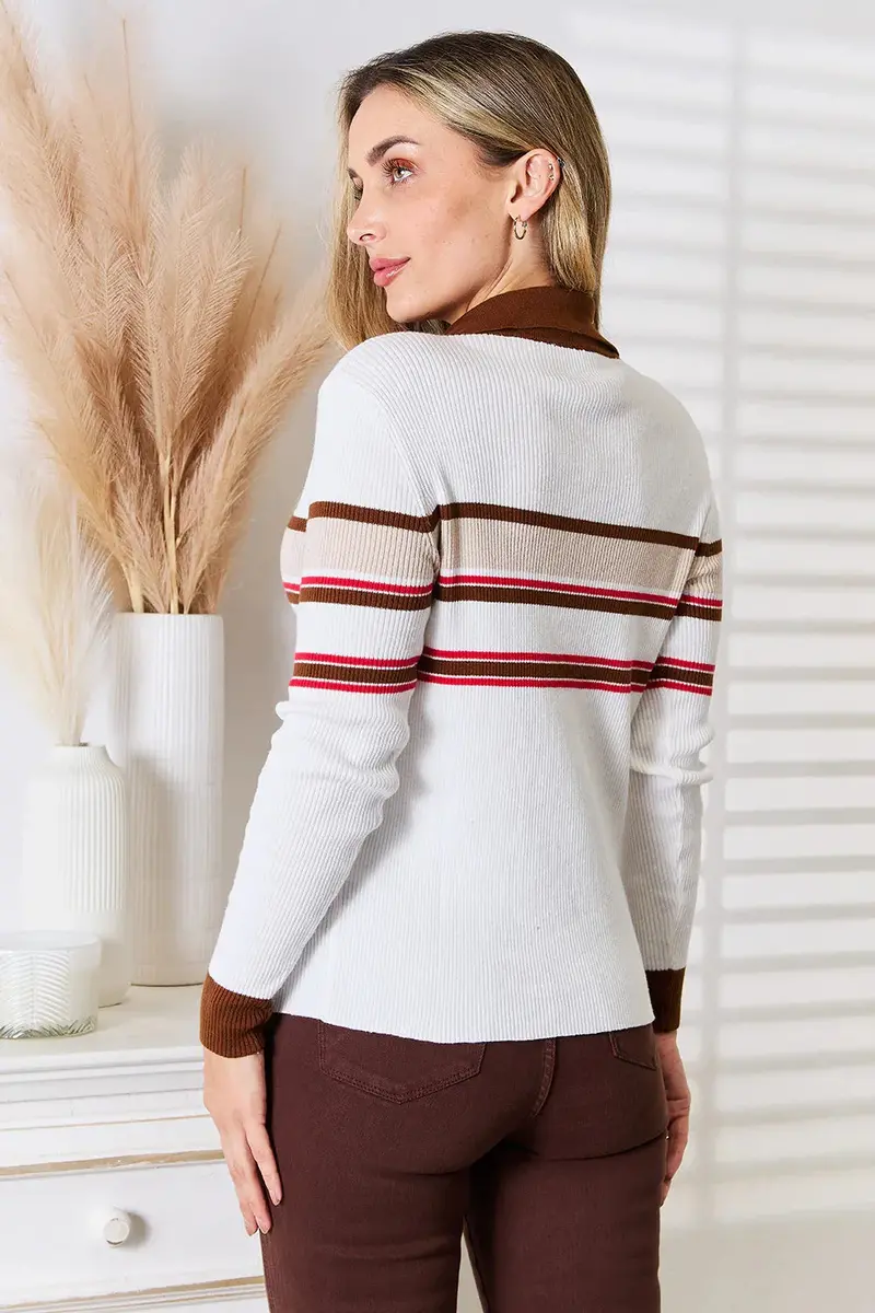 Striped Collared Neck Rib-Knit Top 3