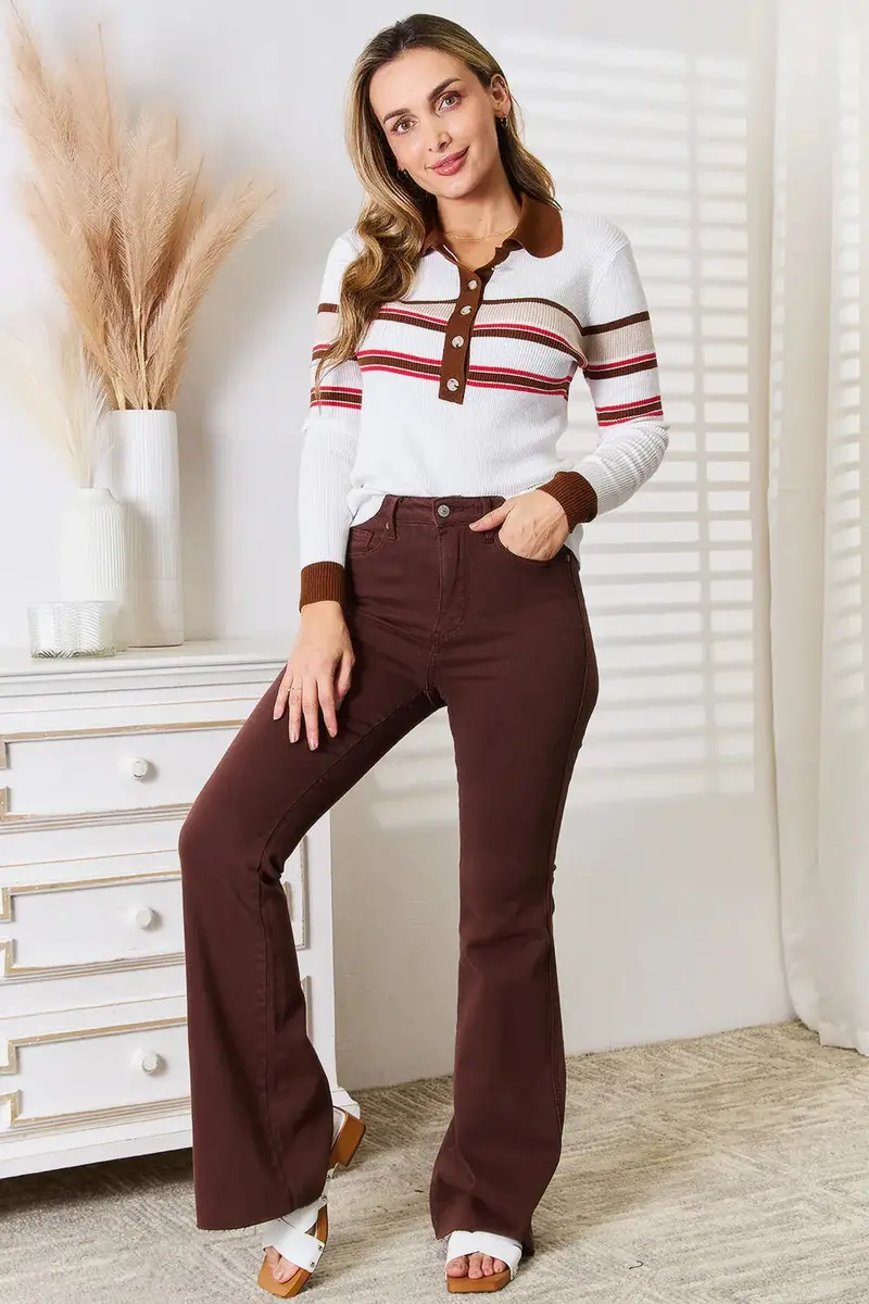 Striped Collared Neck Rib-Knit Top 4