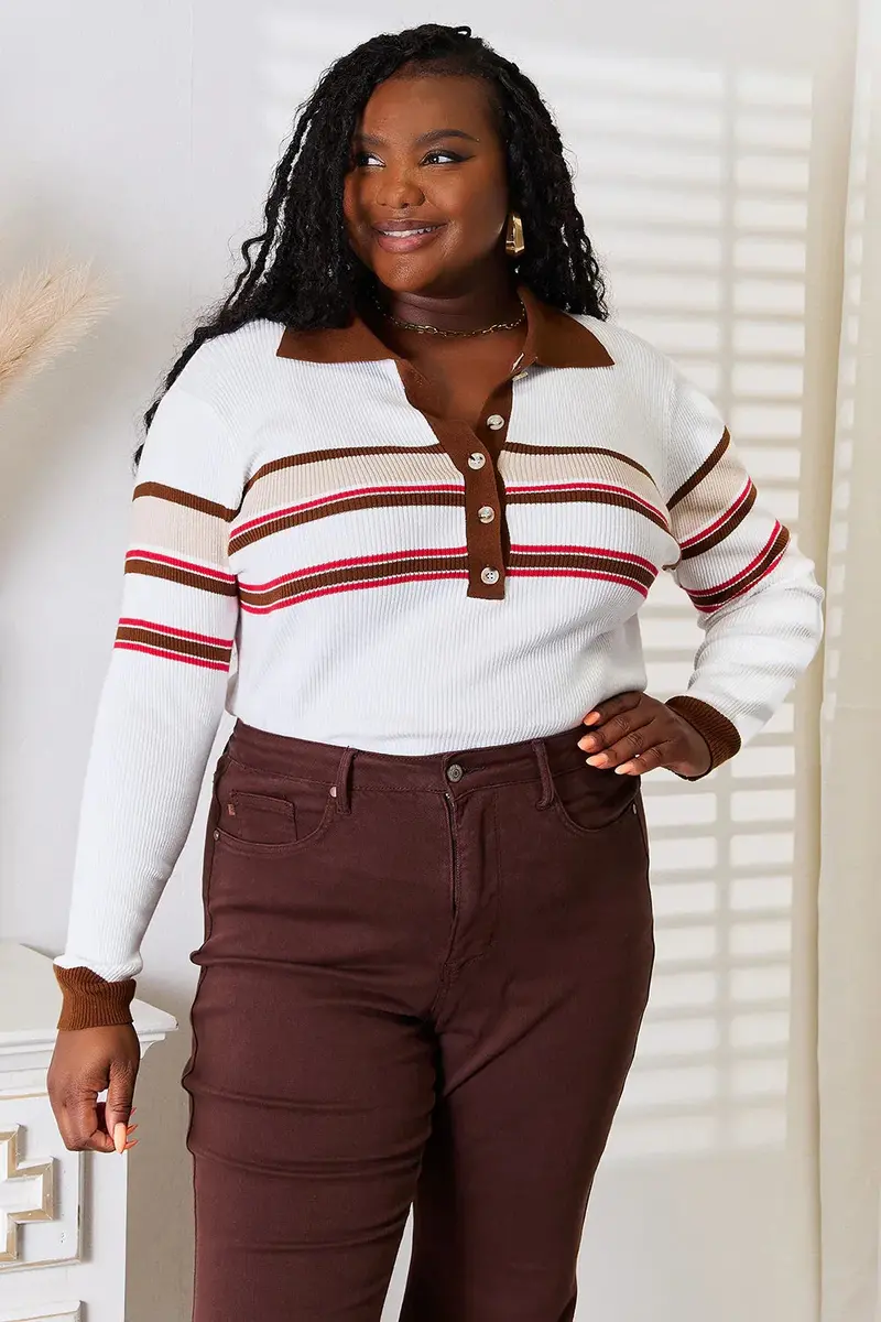 Striped Collared Neck Rib-Knit Top 5