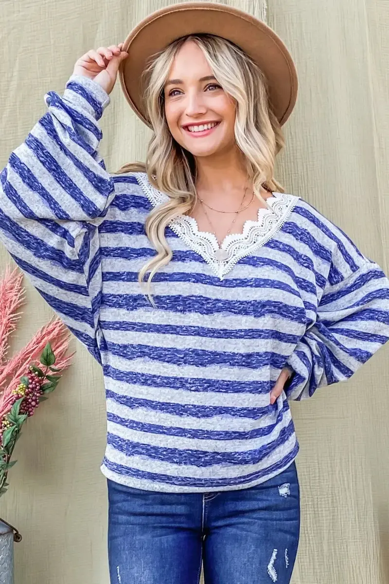 Striped Lace Detail V Neck Top 1