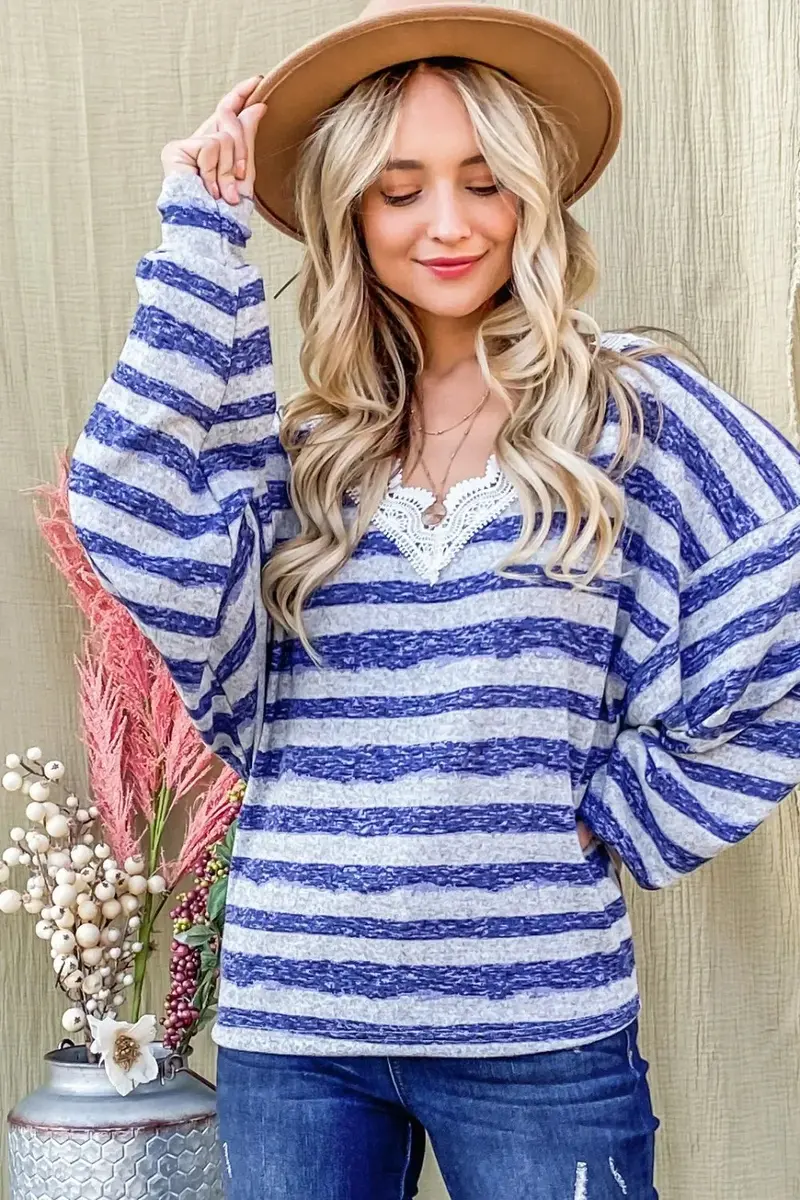 Striped Lace Detail V Neck Top 3