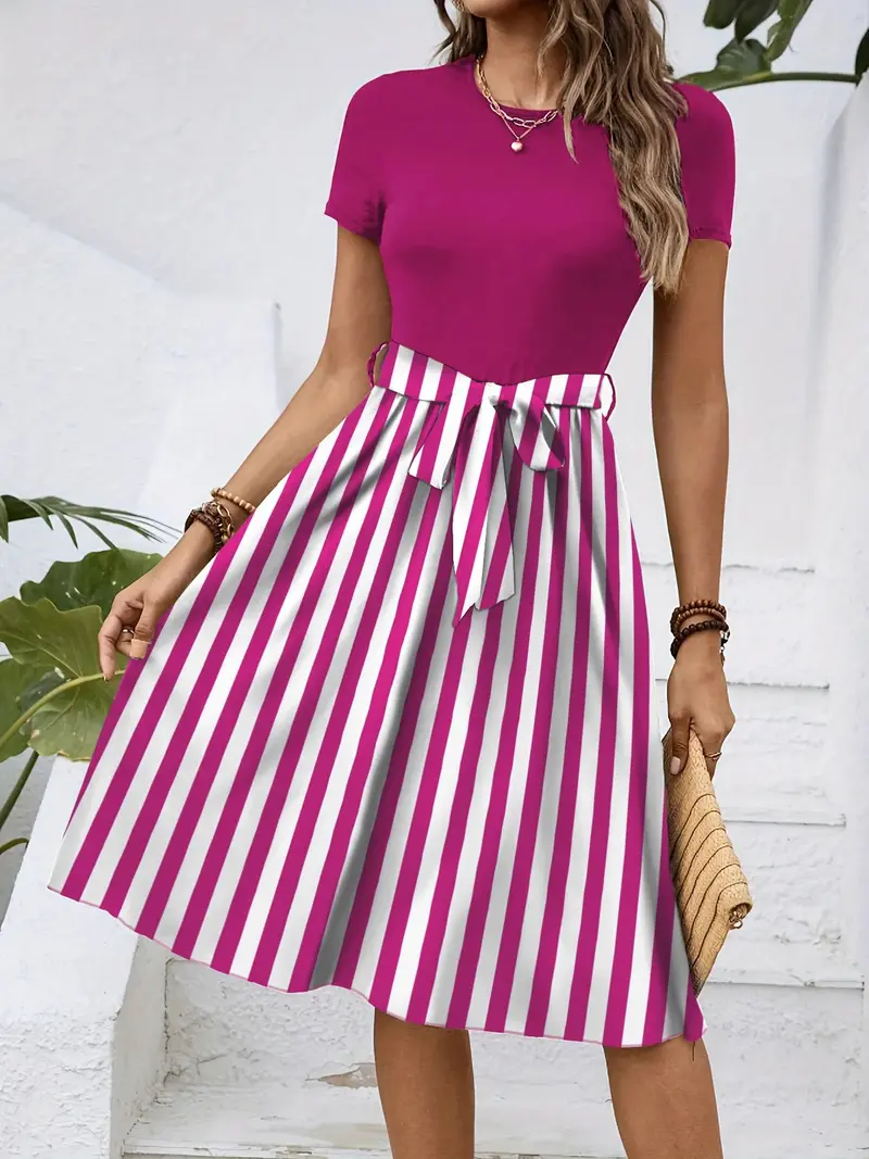Striped Round Neck Short Sleeve Dress 1