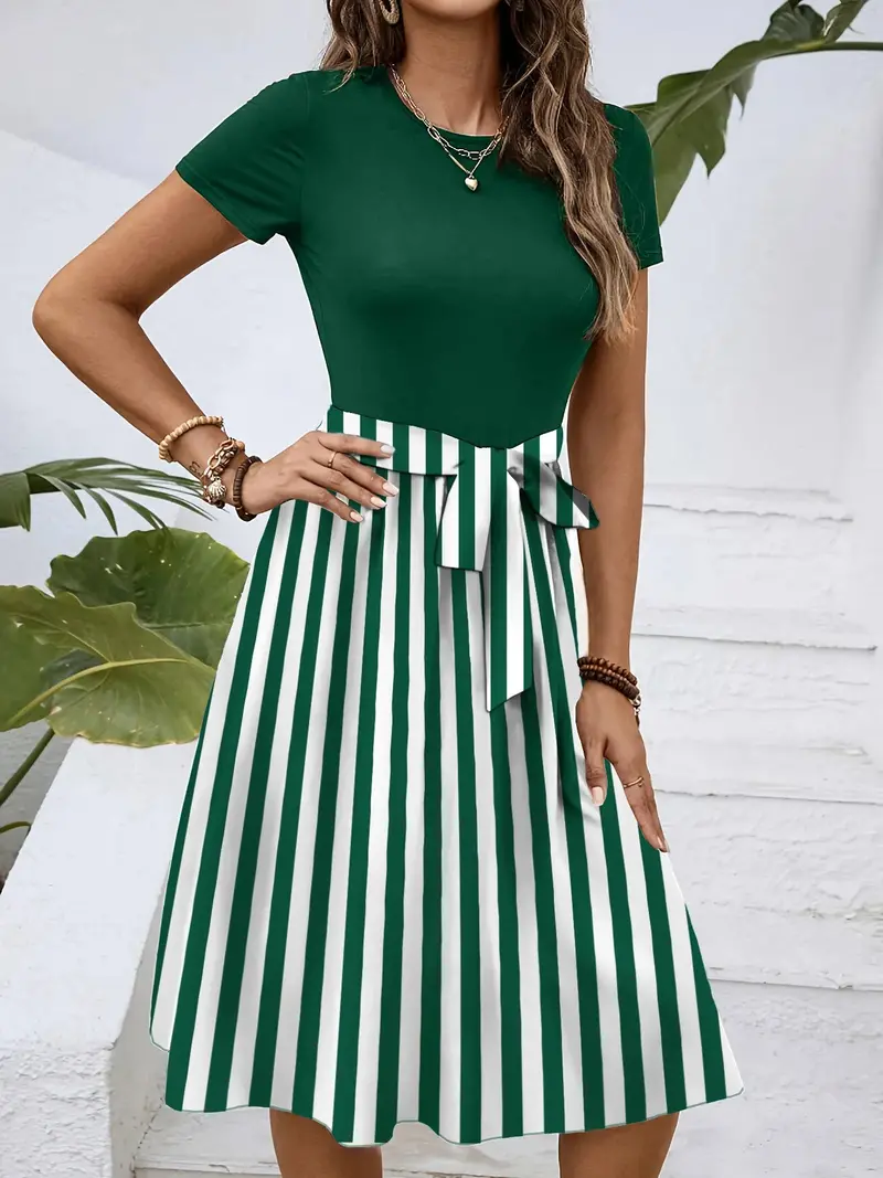 Striped Round Neck Short Sleeve Dress 10