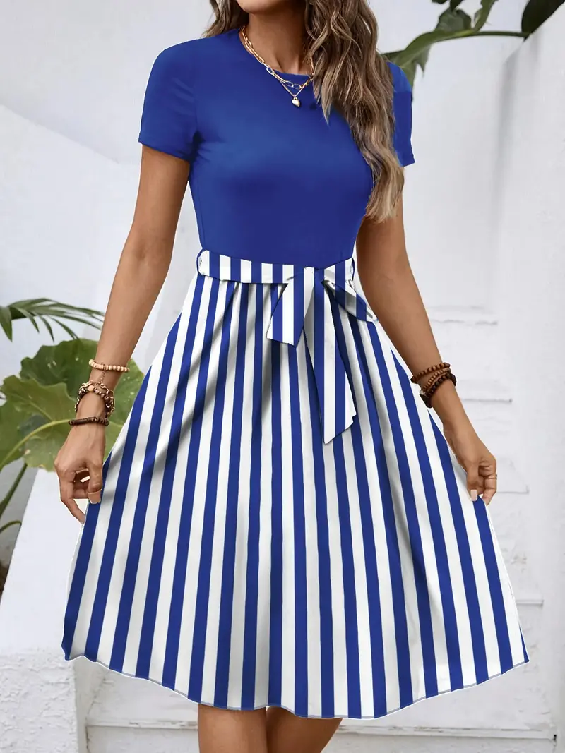 Striped Round Neck Short Sleeve Dress 13