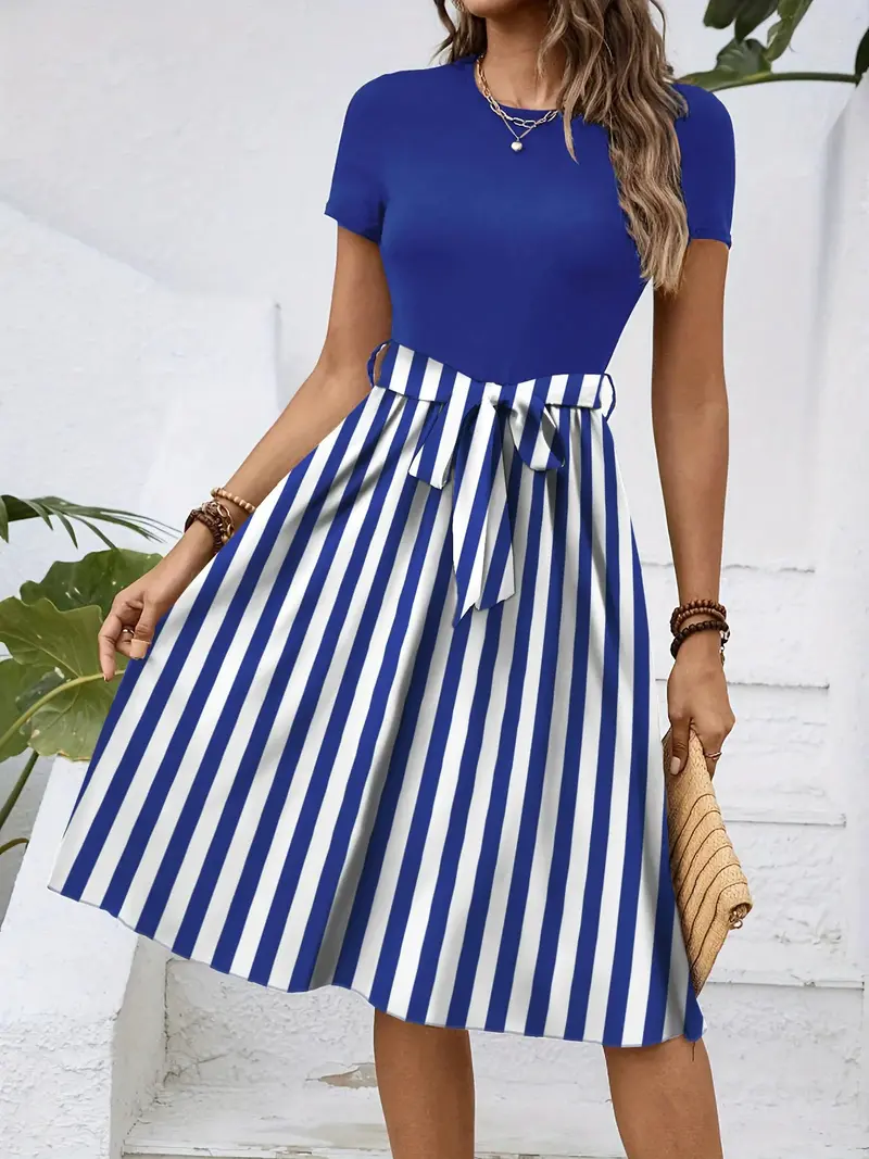 Striped Round Neck Short Sleeve Dress 14