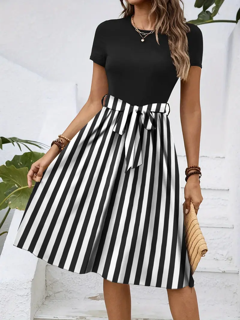 Striped Round Neck Short Sleeve Dress 16