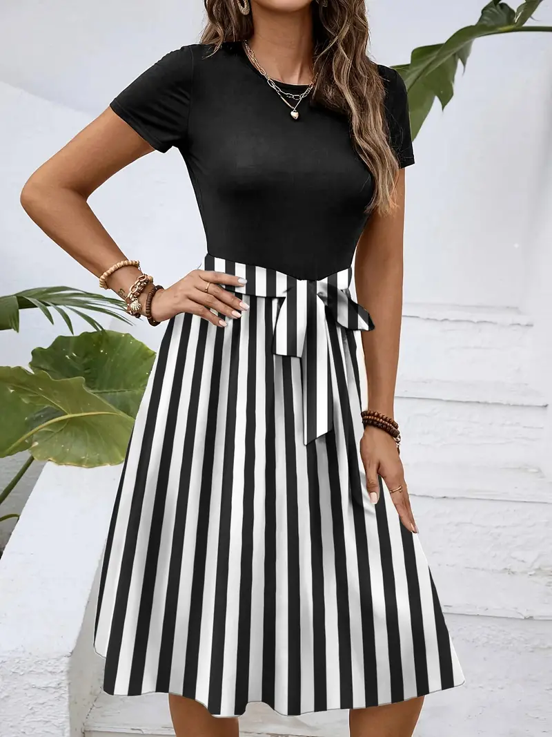 Striped Round Neck Short Sleeve Dress 18