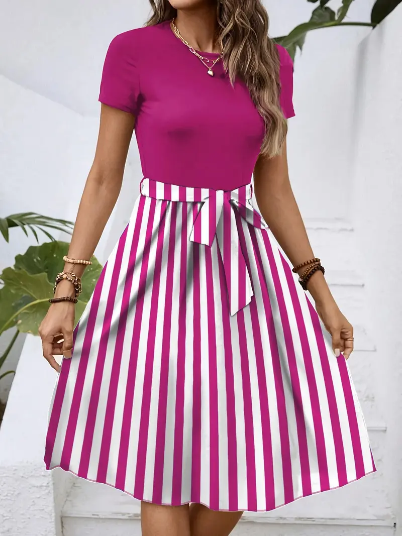 Striped Round Neck Short Sleeve Dress 4