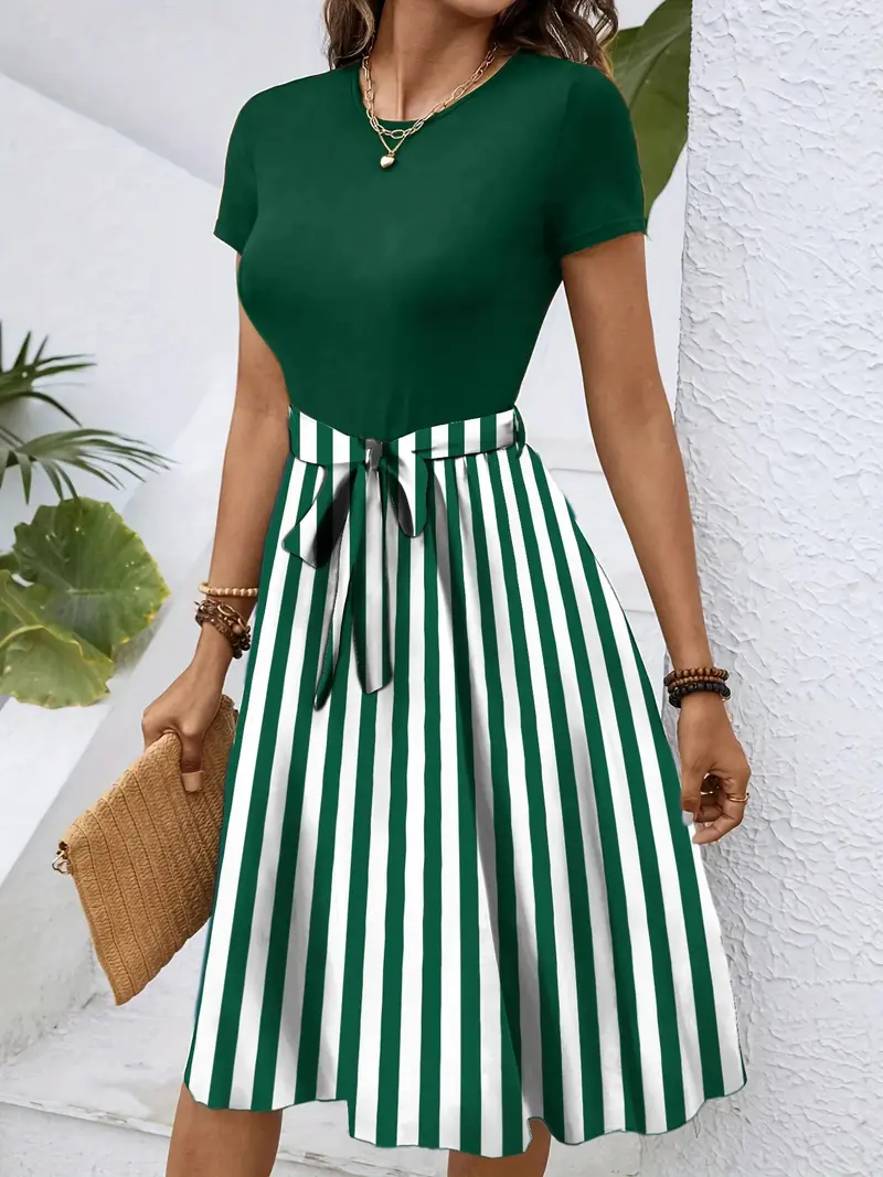 Striped Round Neck Short Sleeve Dress 6
