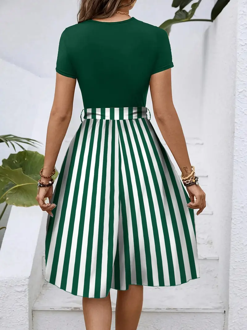 Striped Round Neck Short Sleeve Dress 7