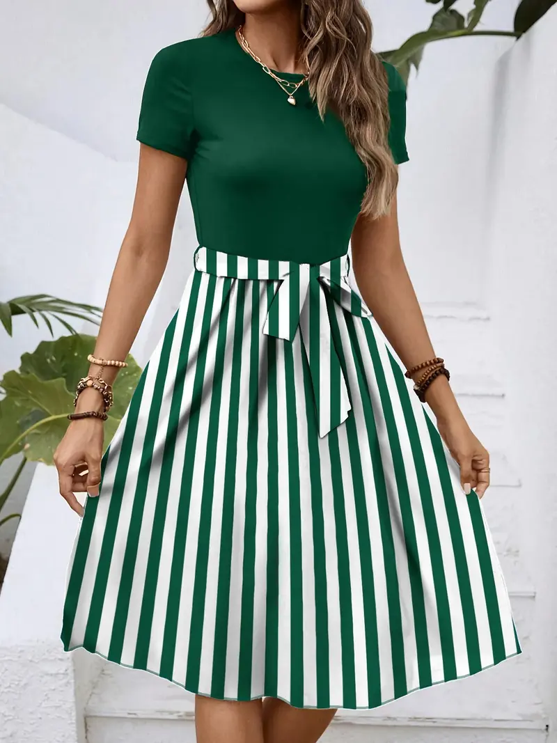 Striped Round Neck Short Sleeve Dress 8