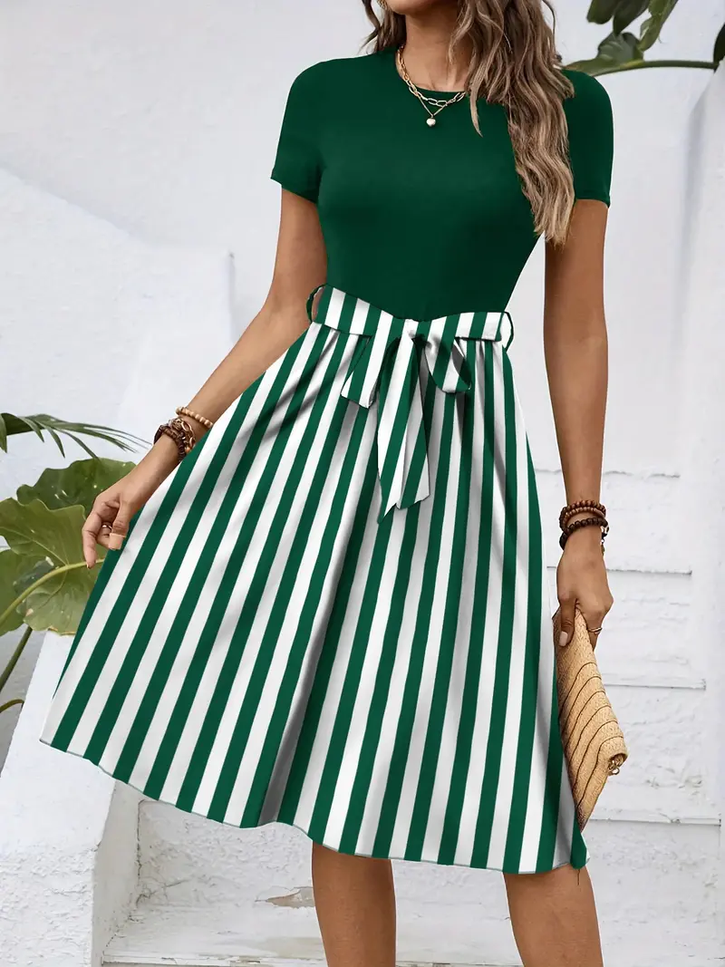 Striped Round Neck Short Sleeve Dress 9