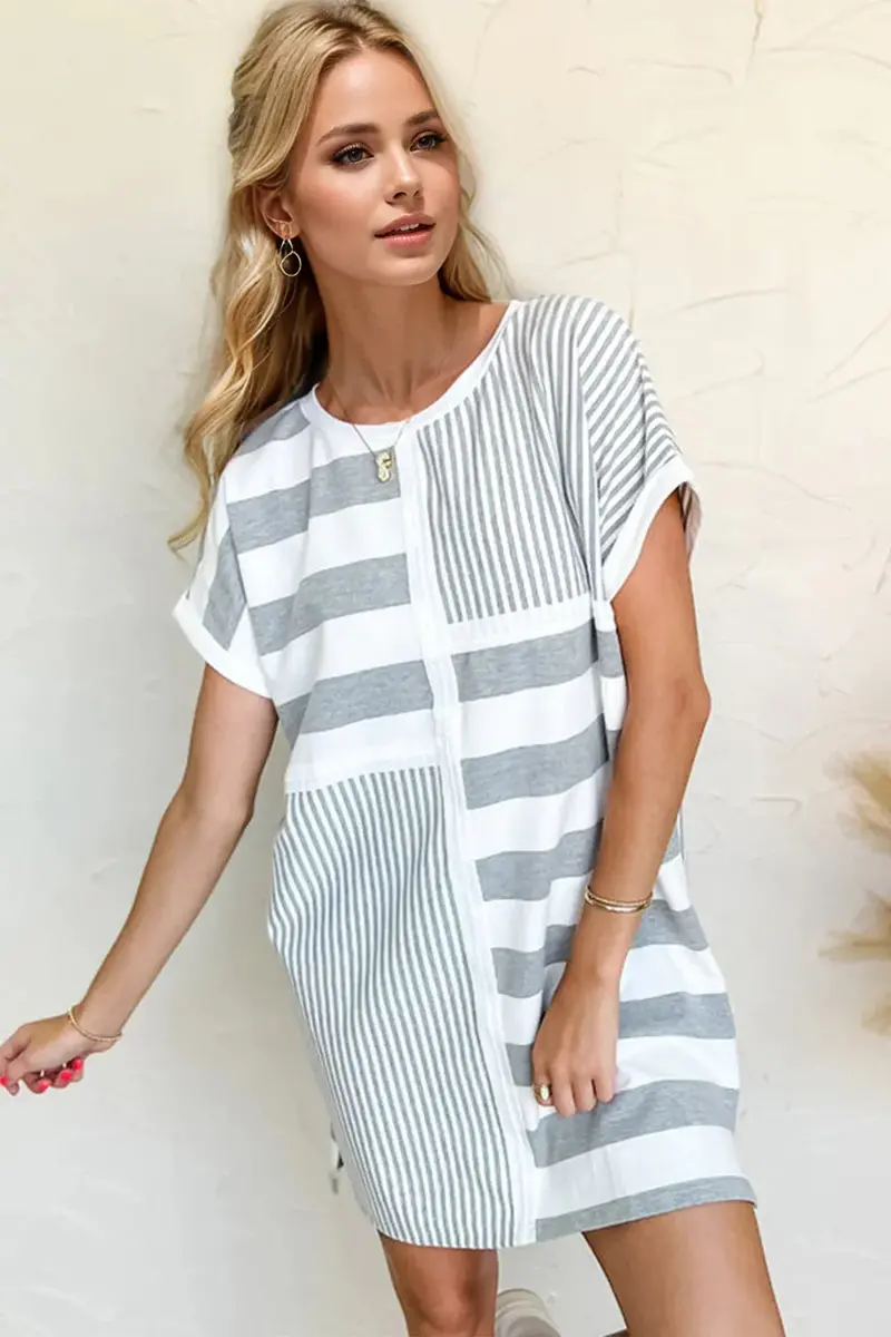 Striped Round Neck Short Sleeve Mini Tee Dress 1