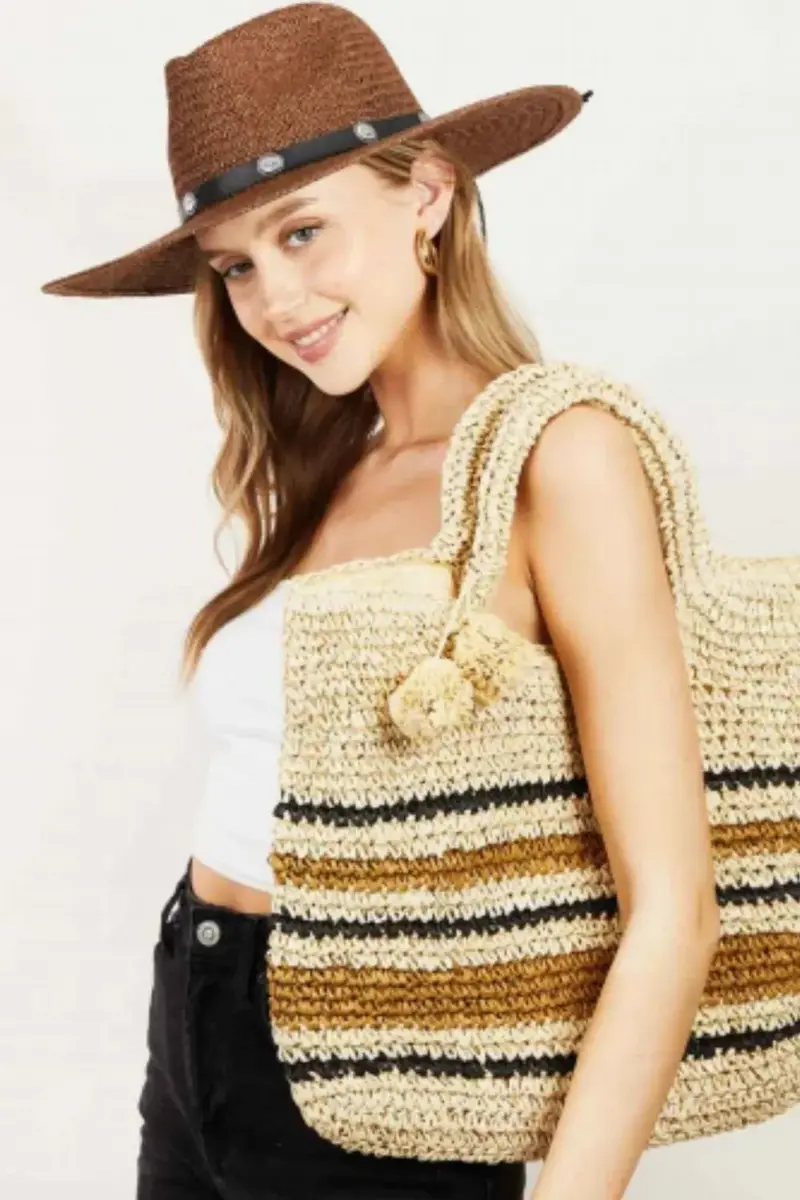 Striped Straw Braided Tote Bag 1