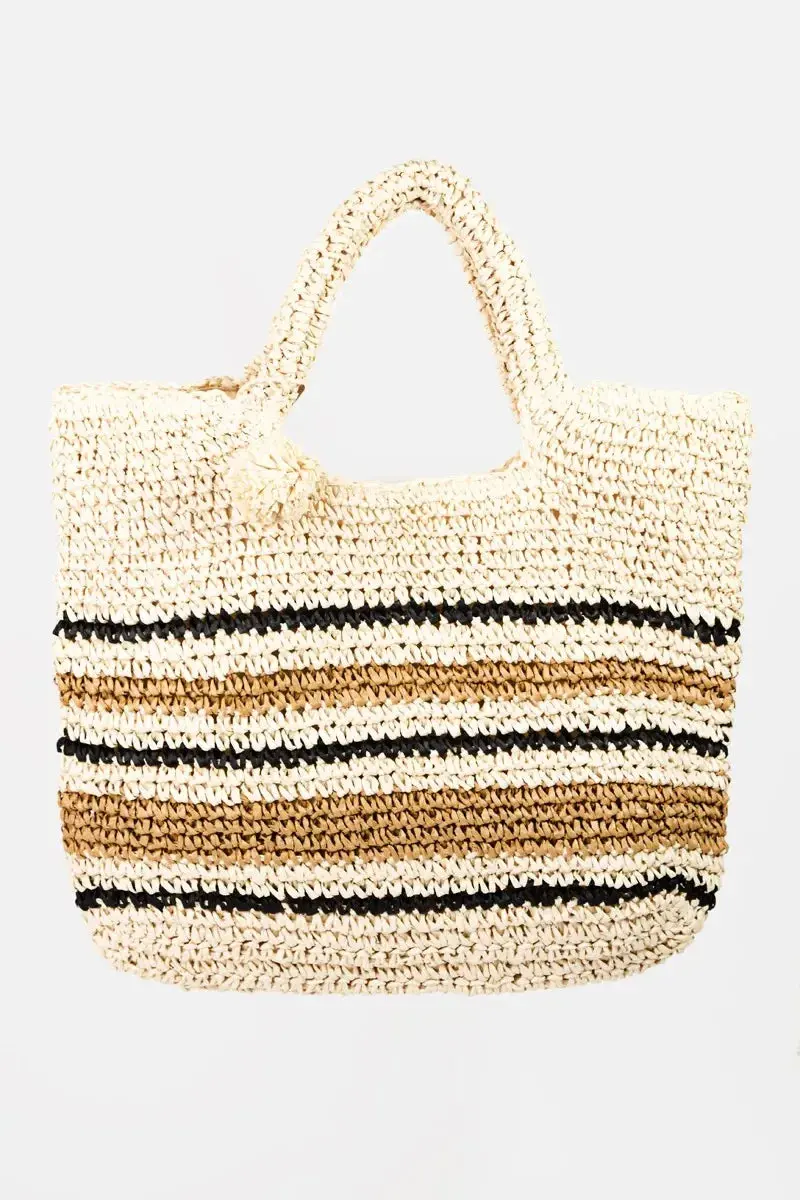 Striped Straw Braided Tote Bag 2