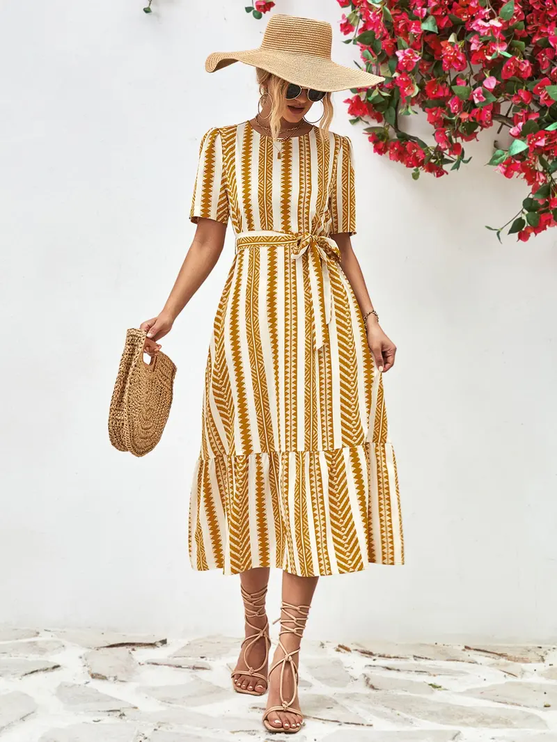 Striped Tie Belt Round Neck Puff Sleeve Dress 1