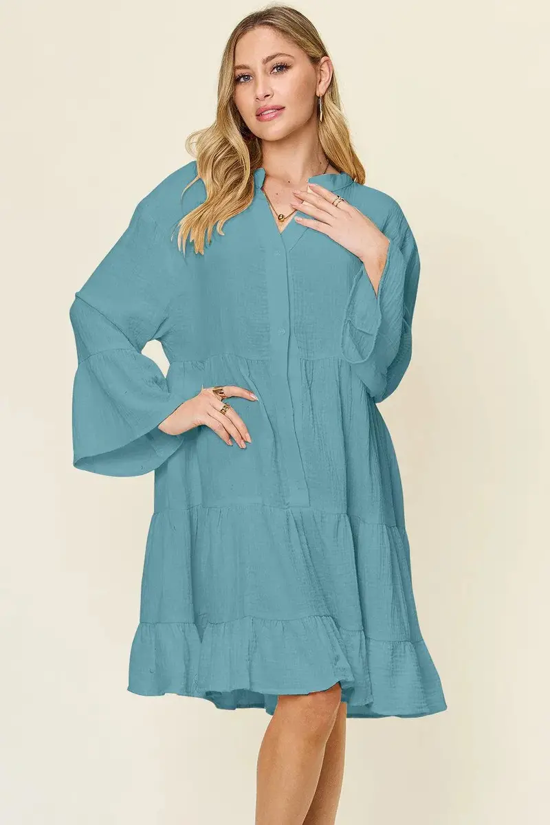 Texture Button Up Ruffle Hem Dress 1