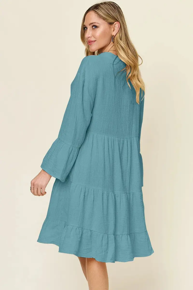 Texture Button Up Ruffle Hem Dress 2