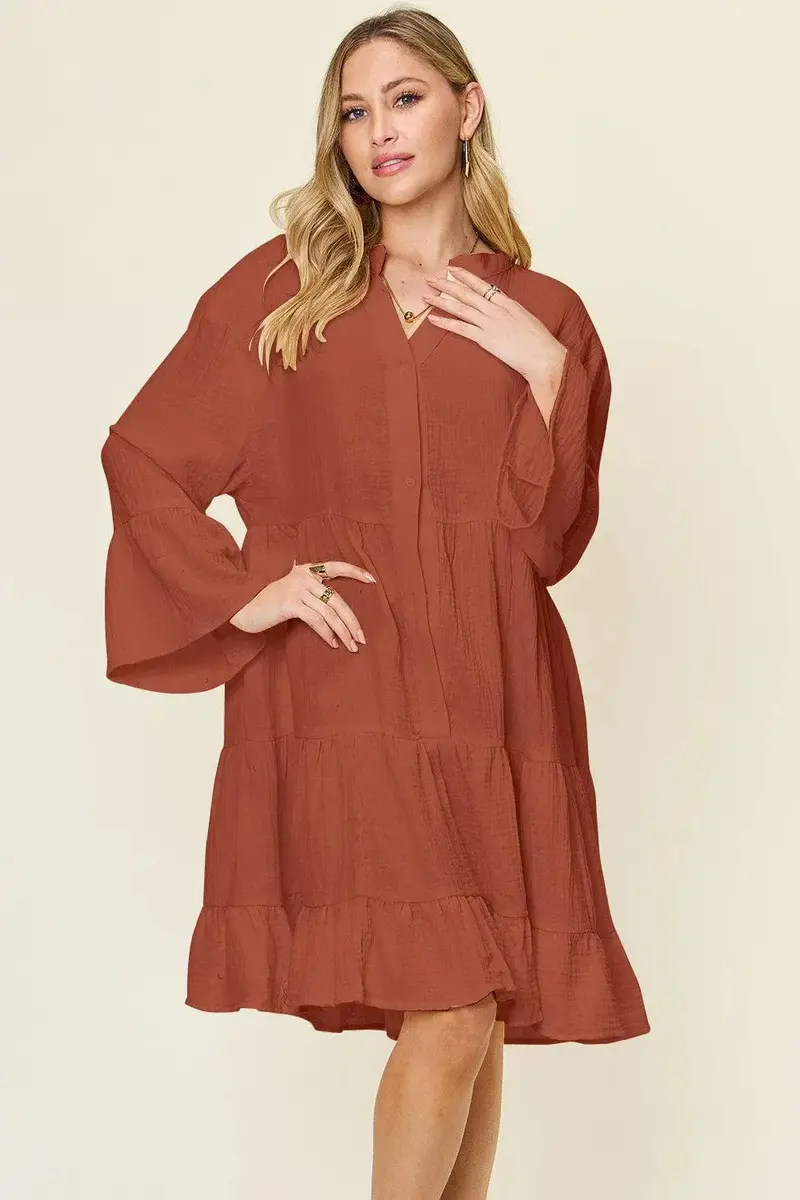 Texture Button Up Ruffle Hem Dress 7