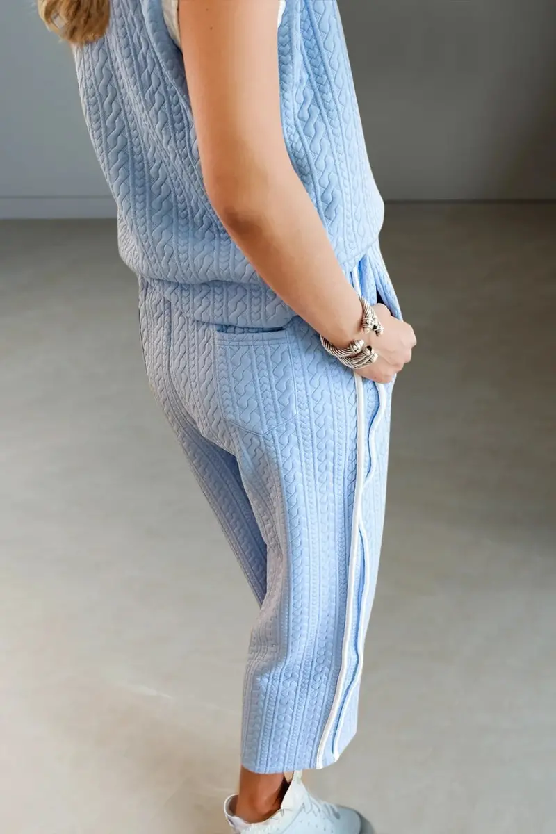 Texture Contrast Trim Round Neck Top And Pants Set 2