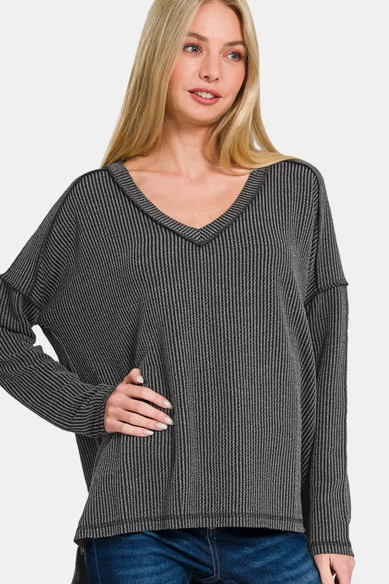 Texture Exposed Seam V-Neck Long Sleeve T-Shirt 1