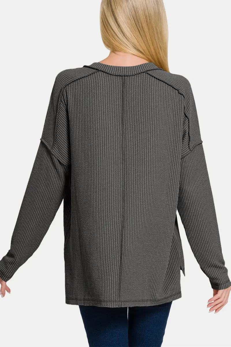 Texture Exposed Seam V-Neck Long Sleeve T-Shirt 2