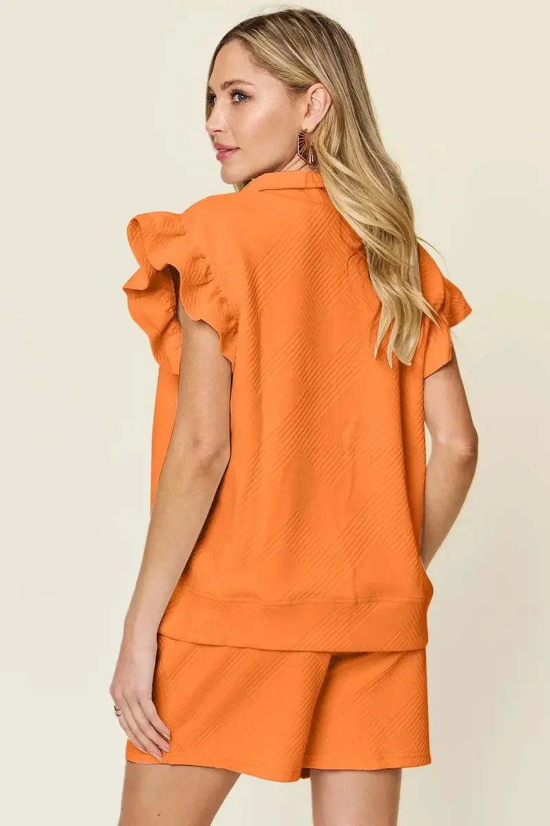 Texture Flounce Sleeve Top And Drawstring Shorts Set 12