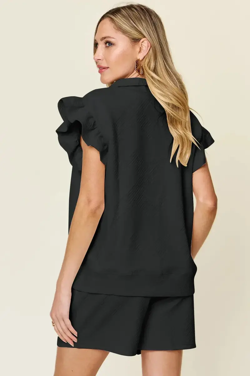 Texture Flounce Sleeve Top And Drawstring Shorts Set 14