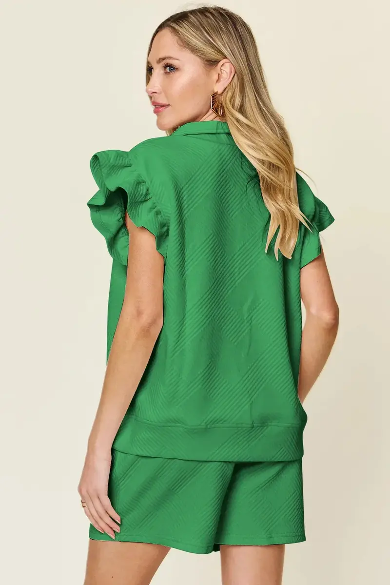 Texture Flounce Sleeve Top And Drawstring Shorts Set 16