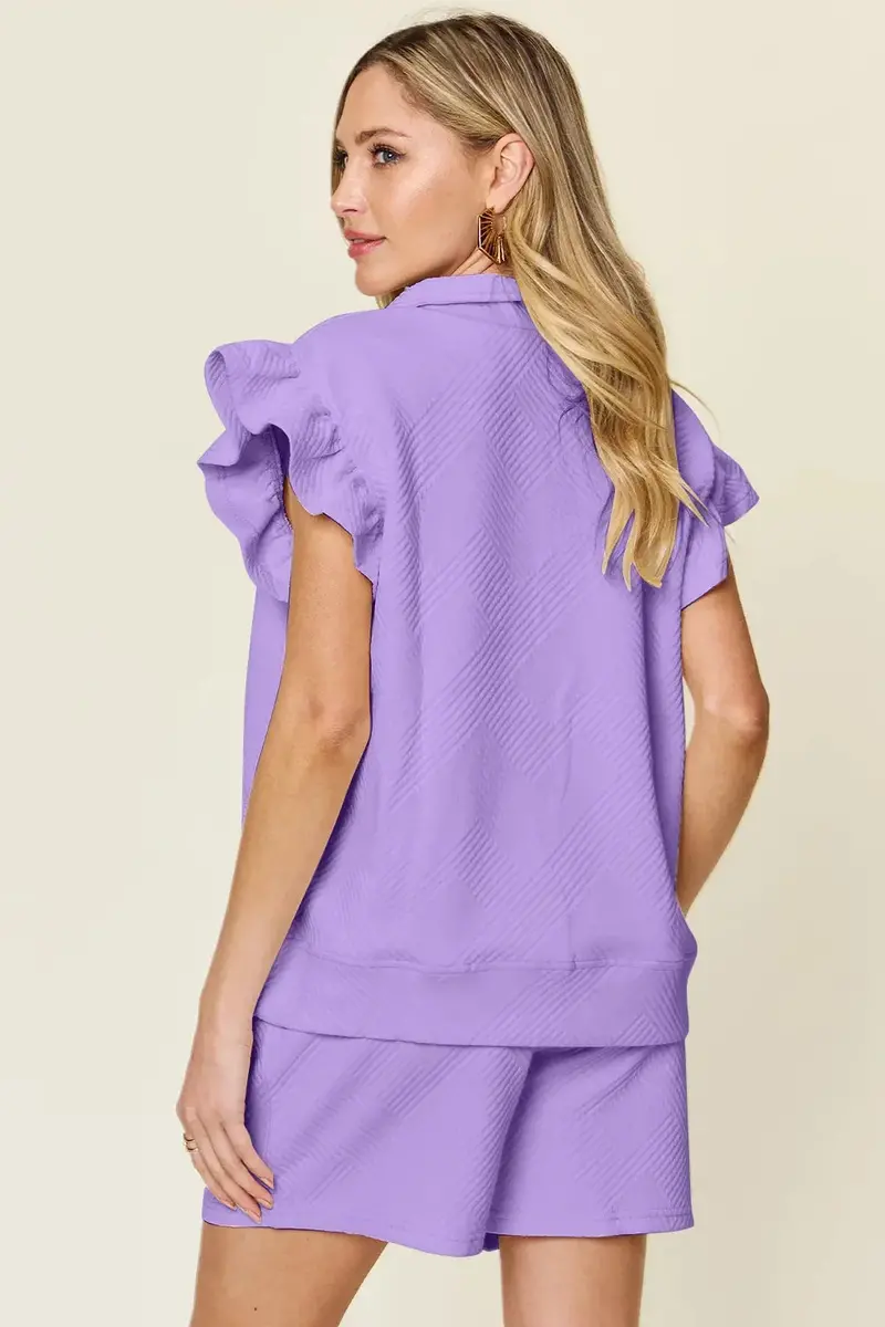 Texture Flounce Sleeve Top And Drawstring Shorts Set 19