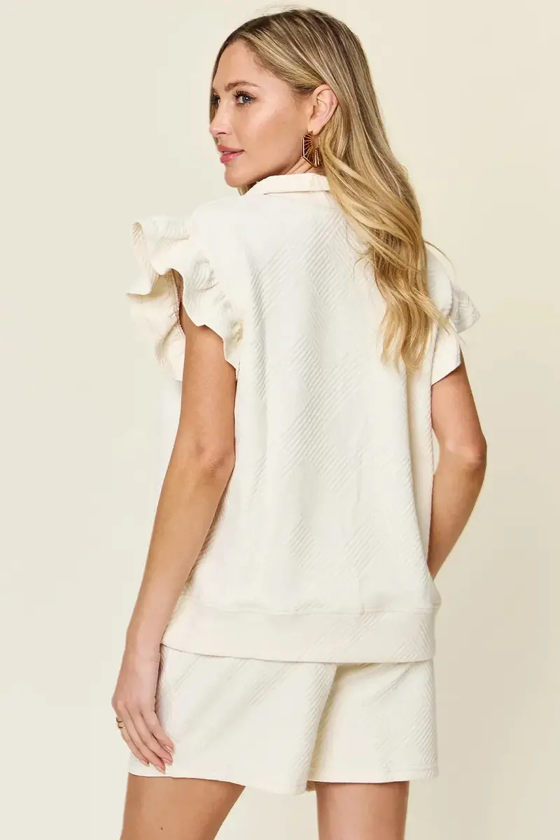 Texture Flounce Sleeve Top And Drawstring Shorts Set 2