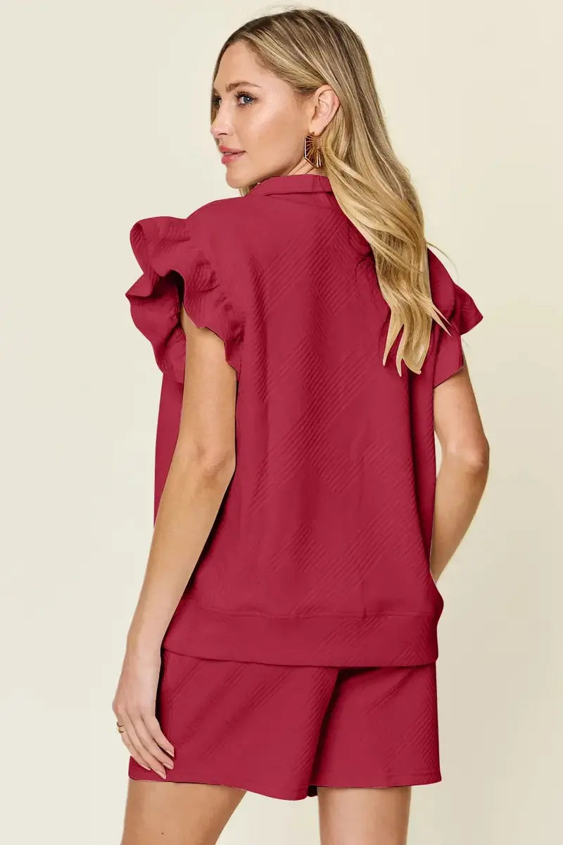 Texture Flounce Sleeve Top And Drawstring Shorts Set 21