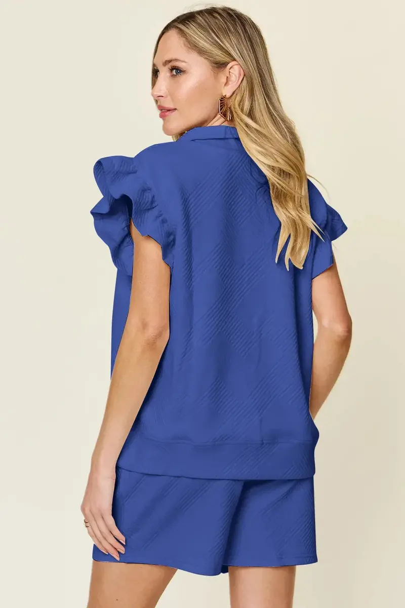 Texture Flounce Sleeve Top And Drawstring Shorts Set 24