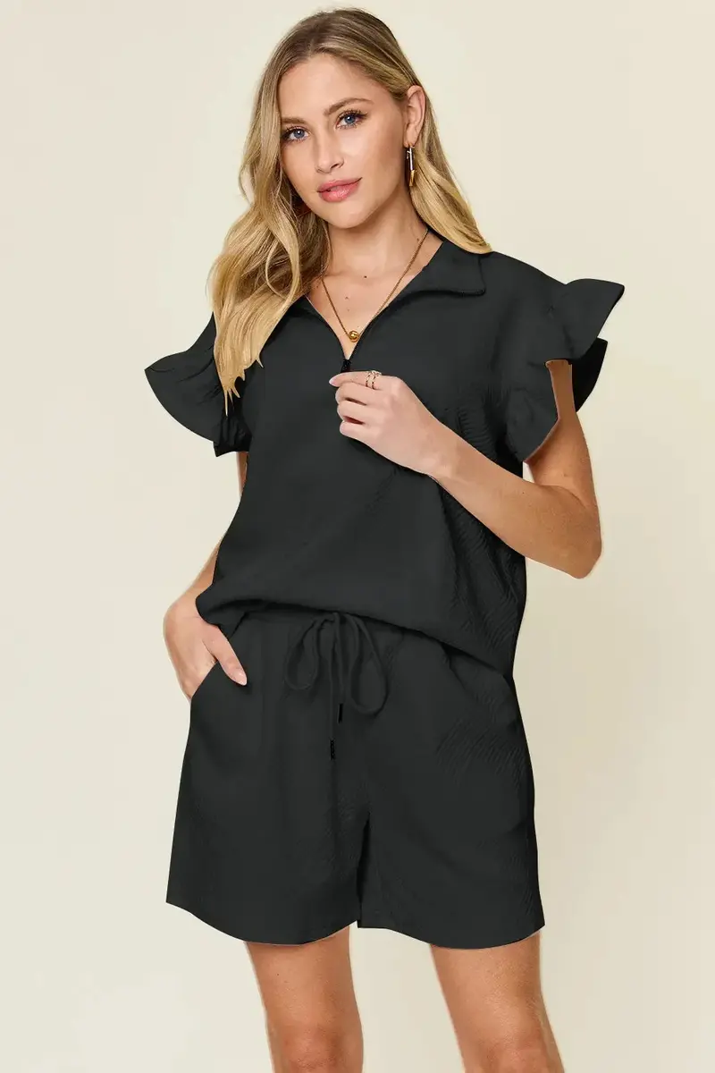 Texture Flounce Sleeve Top And Drawstring Shorts Set 25